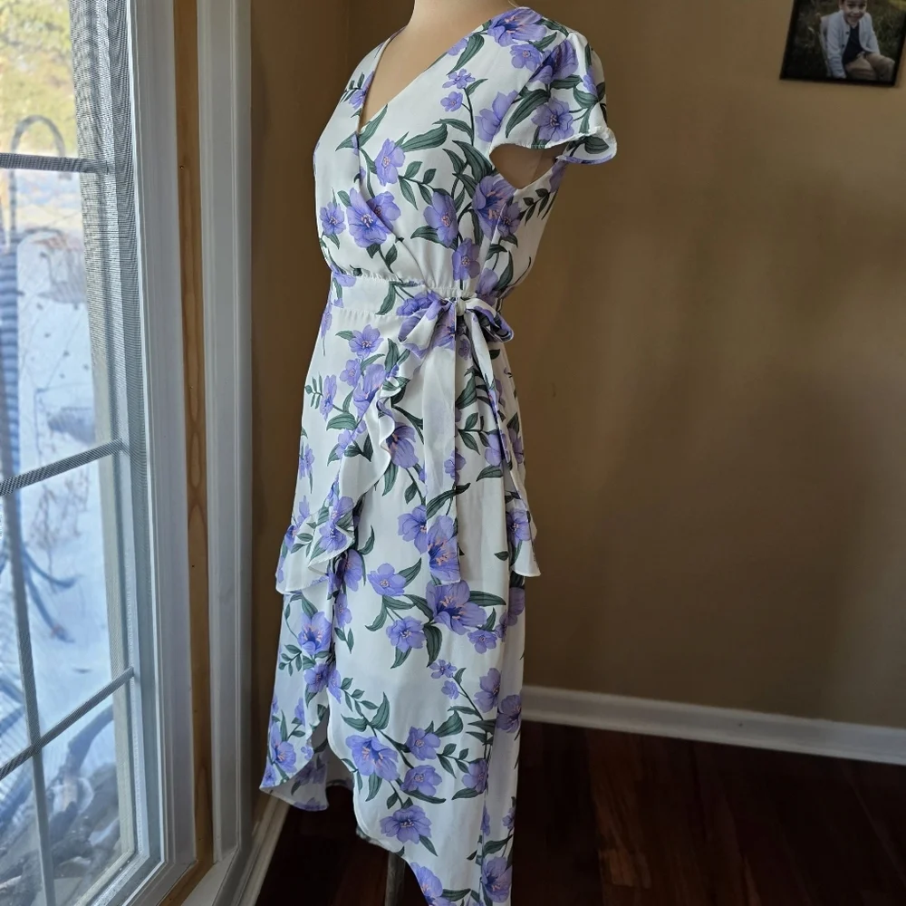 Blu Pepper White Wrap High-Low Dress with Purple Floral Print - Picture 2 of 11